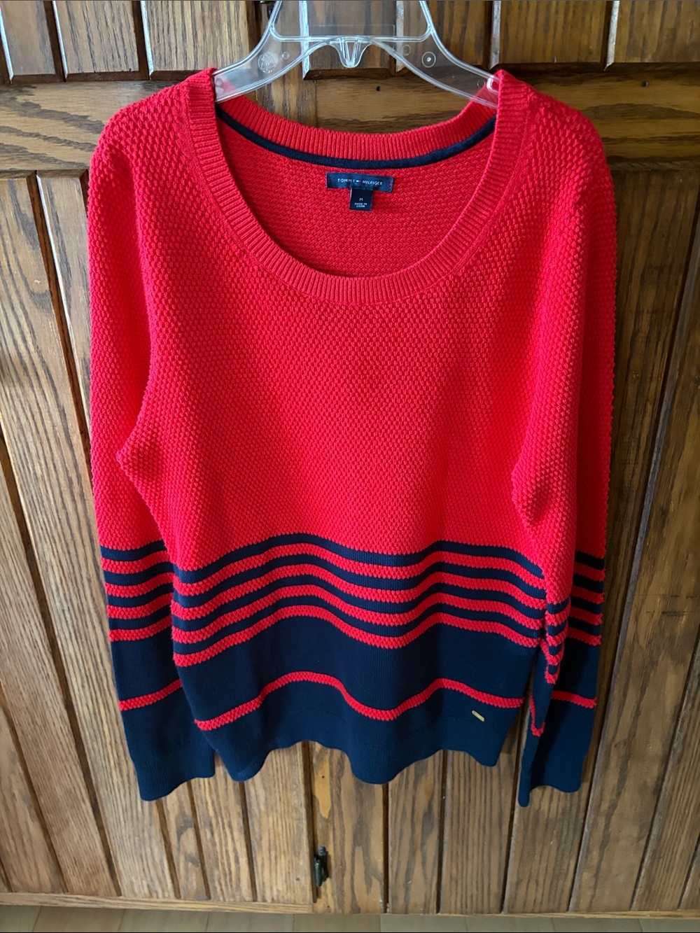 Tommy Hilfiger Red and Navy Striped Crewneck Sweater women Size M